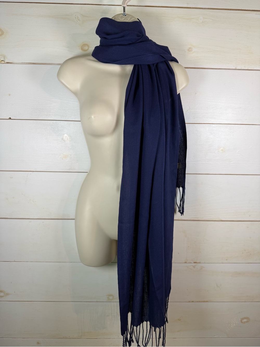 Pashmina Silk Navy Blue Oversized Shawl Wrap Scarf Fringe